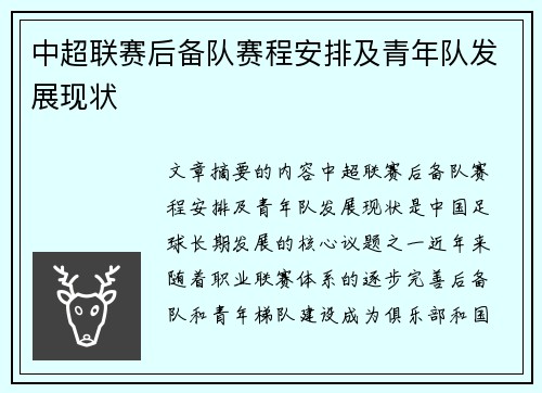 中超联赛后备队赛程安排及青年队发展现状